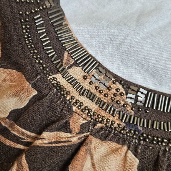 Floral Brown 3/4 Sleeve Croft & Barrow Petite Stretch Top L 96% Cotton 4% Spande - Picture 3 of 6